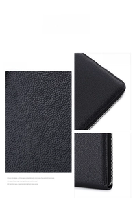 Macro detail of black litchi grain cowhide leather and durable metal zipper on wallet