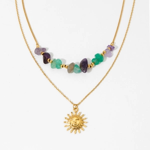 Double-layered gold stainless steel necklace with sun pendant and natural stone beads
