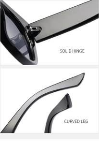 Detail of solid metal hinge and curved temple tips on black cat-eye sunglasses