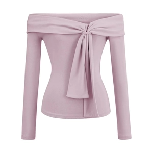 Off-shoulder long sleeve lavender top with ribbed texture and front bow tie detail