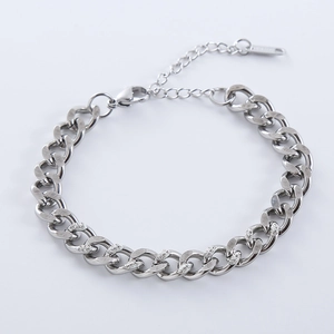 Silver cuban link chain bracelet with diamond accents and adjustable lobster clasp closure