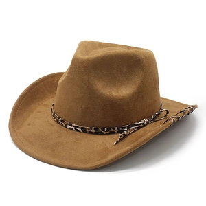 Western Cowboy Hat Faux Suede Wide Brim Leopard Print Band Vintage Jazz Fedora Style Sun Shade For Women And Men