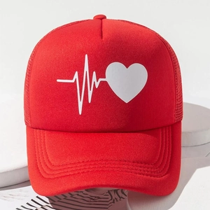 Red heart rate printed trucker hat with breathable mesh back and heartbeat graphic