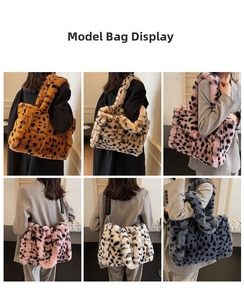 Collage of plush leopard print tote bags in six colors including brown, pink and white