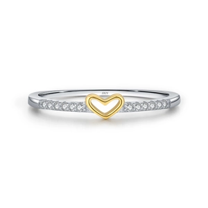 Sparkling S925 sterling silver ring with gold hollow heart and pave cubic zirconia side stones