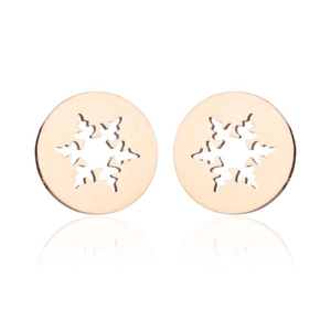 Detailed view of rose gold stainless steel round stud earrings with snowflake cut-out design