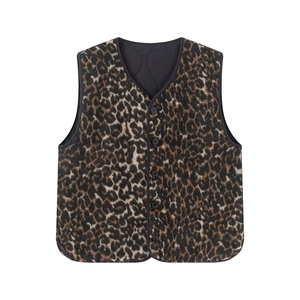 Women's leopard print vest with V-neck, button closure, and quilted black lining