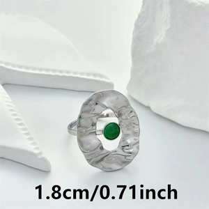 Vintage silver stainless steel open ring with green stone on stone props, 1.8cm size