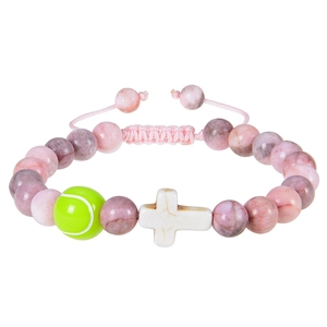 Adjustable pink marble bead bracelet with tennis ball charm and white cross pendant