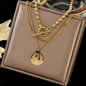 Vintage Collana Multistrato in Acciaio Inossidabile Placcato Oro Con Pendente a Moneta per Donna Elizabeth II Fibbia OT Gioielli