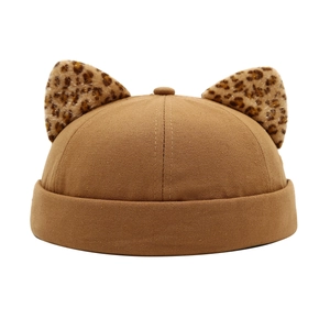Retro brown miki hat with leopard print cat ears and textured canvas fabric for fashion