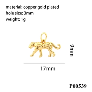 Detail of leopard charm showing 17mm size, 3mm hole, and copper gold-plated material info