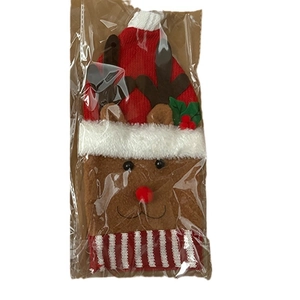 Christmas reindeer knitted wine bottle cover with red festive hat and striped base
