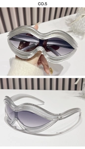 Macro detail of Y2K wave frame sunglasses with purple gradient lenses in silver finish