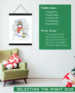 Size chart for magnetic wooden poster frames ranging from 21cm to 61cm for wall art