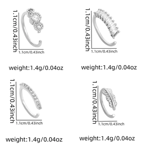 Detailed dimensions and weight for four silver leaf-themed clip-on nose rings