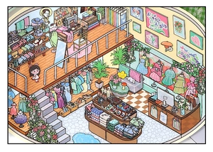 Detailed 2.5D illustration of a cozy fashion boutique scenery for DIY scrapbooking