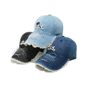Casquette De Baseball En Jean Pour Femmes Coton Doux Broderie Chien Dessin Animé Bordure Dentelle Noeud Mode Soleil