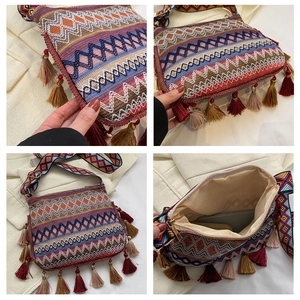 Detailed views of ethnic woven crossbody bag with geometric patterns and fringe tassels
