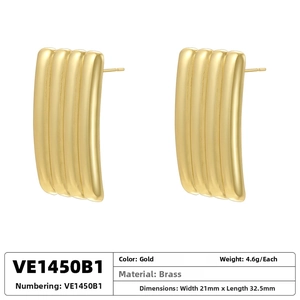 Detailed view of rectangular ribbed gold brass earrings with 21mm by 32.5mm dimensions