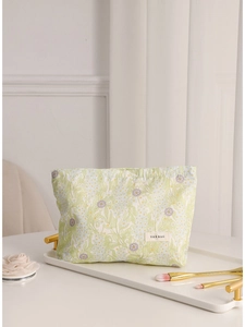 Floral makeup bag with sweet green and white flower pattern for cosmetics storage