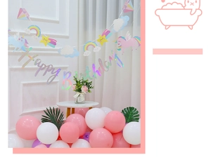Rainbow unicorn happy birthday banner with shimmering letters and party balloon set