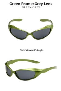 Front and 45-degree side view of futuristic green cat-eye sports sunglasses with grey lenses
