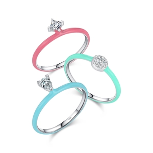 Three-piece S925 silver colorful enamel rings set with square and pear-shaped stones