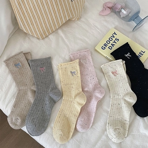 Women Crew Socks Cotton Blend Embroidered Bow Speckled Ribbed Knit Rolled Edge Sweet Breathable Casual