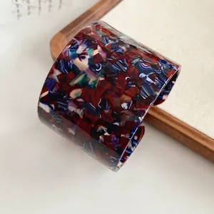 Vintage acetate open cuff bracelet with colorful mosaic floral pattern for women