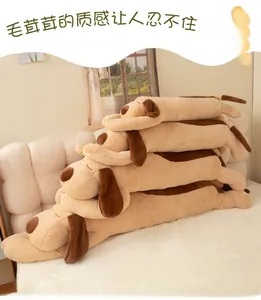 Plush dog body pillows in four sizes 1m to 1.8m displayed on a cozy bedroom bed