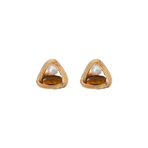 Vintage gold triangle earrings with tiger eye stone and elegant white pearls for women