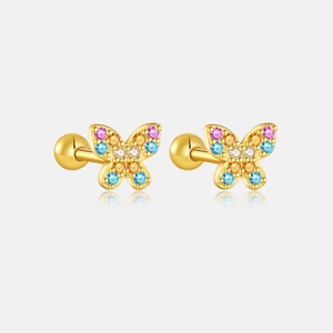 Detail of S925 silver butterfly earrings with colorful zircons and screw ball backs