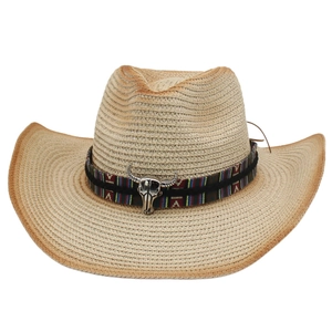 Chapeau De Cowboy En Paille Avec Tête De Taureau Métal Ruban Ethnique Large Bord Respirant Pour Hommes Femmes