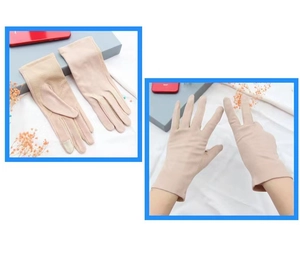 Detail of beige breathable cotton sunscreen gloves with touchscreen and anti-slip features