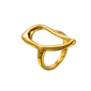 Macro detail of polished gold abstract geometric ring with flowing irregular metal lines