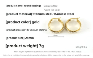 Détail des boucles d'oreilles créoles 25mm en acier doré avec diamants et dimensions