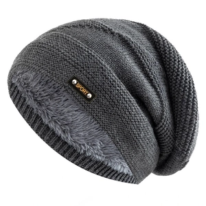 Dunkelgraue Strickmütze mit dickem Fleecefutter und Sport-Patch für Herren und Damen