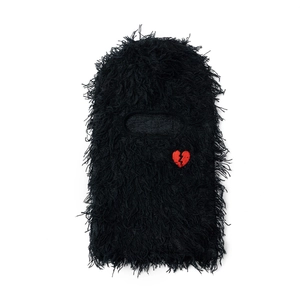 Black plush balaclava with red broken heart embroidery for winter neck protection