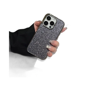 Glitter plating grey phone case for iPhone Pro series shown held by a hand on white background