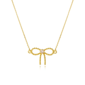 18k gold plated butterfly bow pendant necklace with round zircon bead detailing