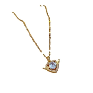 Titanium steel gold-plated angel heart necklace with clear gemstone and winged pendant