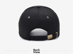 Detail view of cotton baseball cap back with FARD engraved bronze metal adjustment buckle