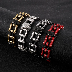 Skull stainless steel 16mm bike chain bracelet for men in gold, silver, and black