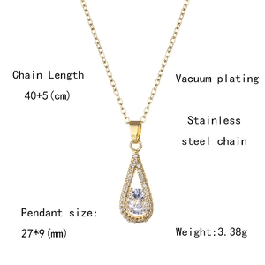 Vue détaillée d'un collier goutte en or avec zircon et spécifications techniques