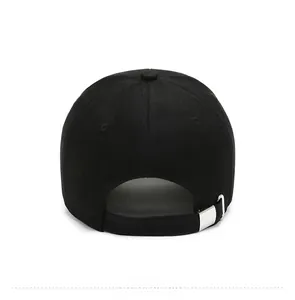 Rear view of black cotton baseball cap showing adjustable silver metal buckle and strap