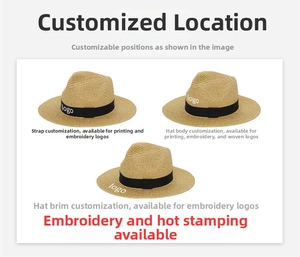 Detail view of woven straw fedora hats showing custom embroidery and print areas