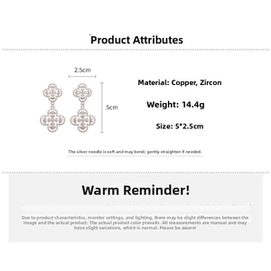 Detail view of silver clover drop earrings with dimensions five by two point five cm