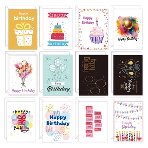 Lot de 12 cartes d'anniversaire aux motifs variés avec gâteaux et ballons et enveloppes