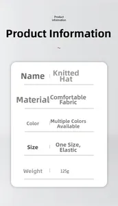 Detailed product card showing knit hat material, elastic size, and 125g weight specs